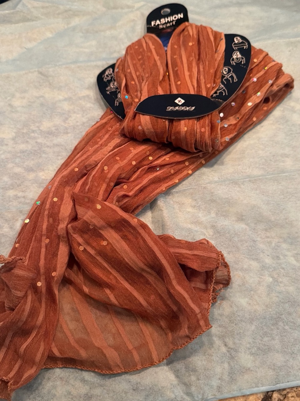 & Other Stories Rust Orange Sheer Stripe Scarf with Sequins